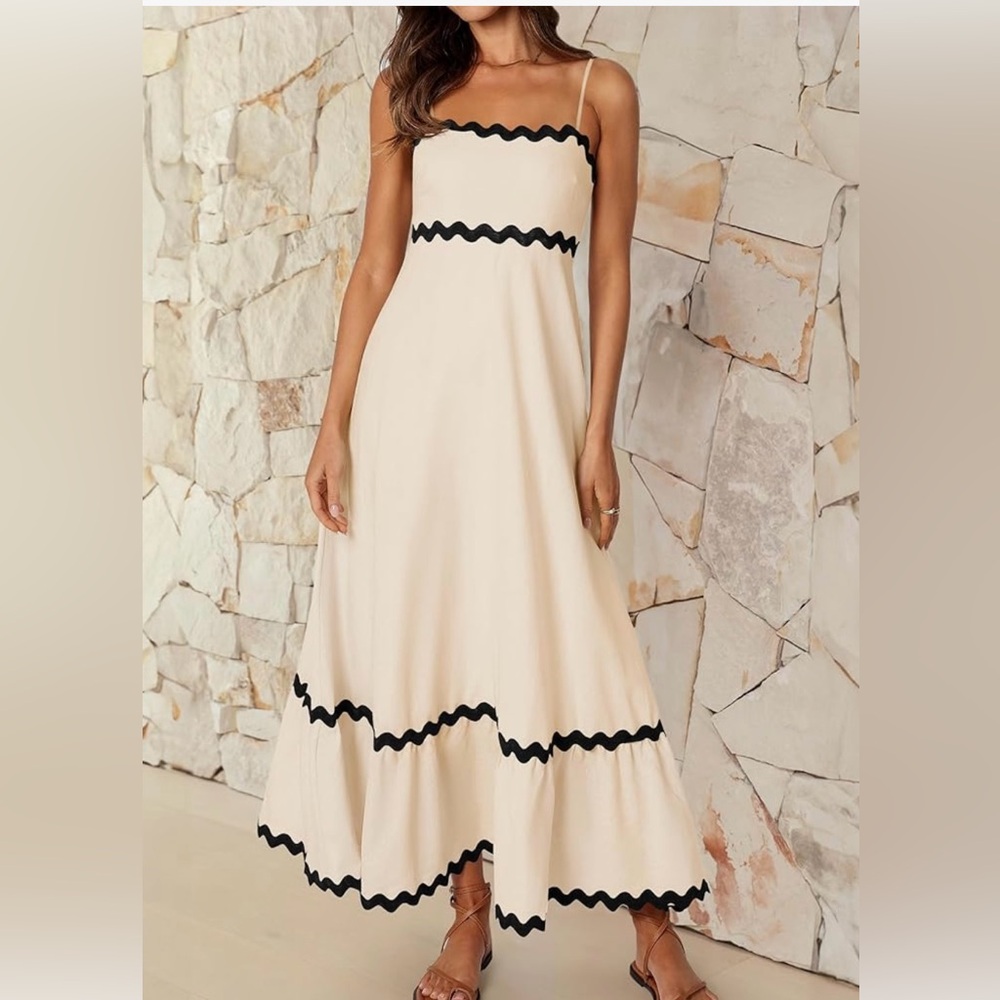 BRAND NEW: Smocked A-Line Cream and Black Maxi Dress